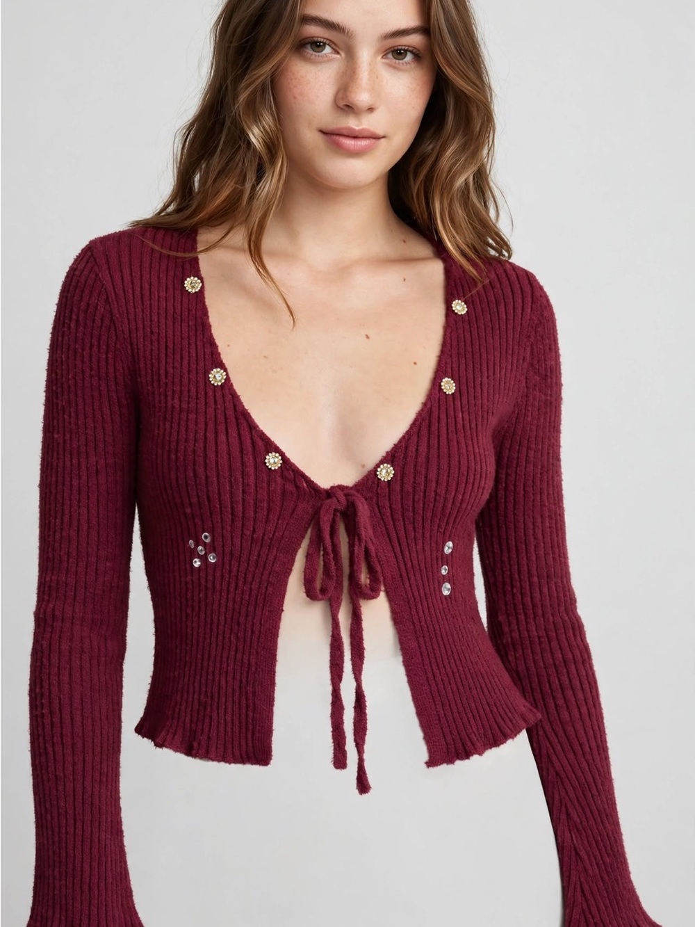 Tie-Front Ribbed Cardigan in Wine